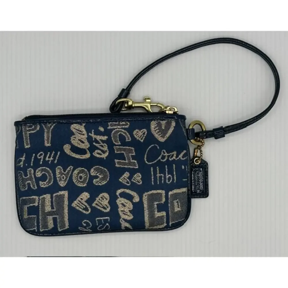 Vintage Y2K Coach Poppy Graffiti Wristlet in Navy & Gold